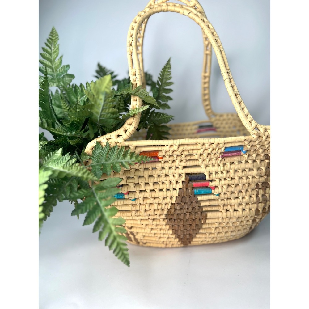 Vintage Large Straw Raffia Tote Handbag Colorful Rattan Woven Bag